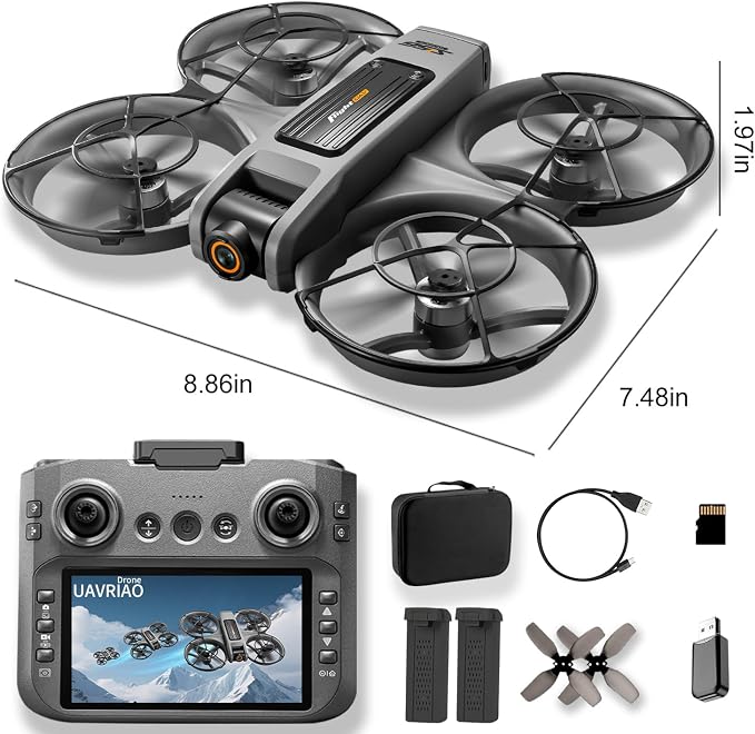 UAVRIAO 4.5" HD Screen Remote Control Drone with 2K Dual Camera & Brushless Motors, 360° Protection Safety Quadcopter, Auto Hovering, 3D Flips, Headless Mode, Follow Me, LED Light, WiFi FPV, 2 Batteries 30 Min Flight, Great Gift for Adults, Kids, Begin...