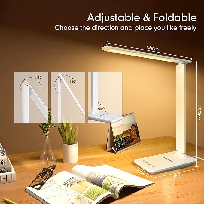 LED Desk Lamp Dimmable Table Lamp with USB Charging Port, 5 Lighting Modes, Sensitive Control, Foldable Portable Desk Light for Home Office Bedroom Reading (White-Pro, Standard Size - 13.3 inch)