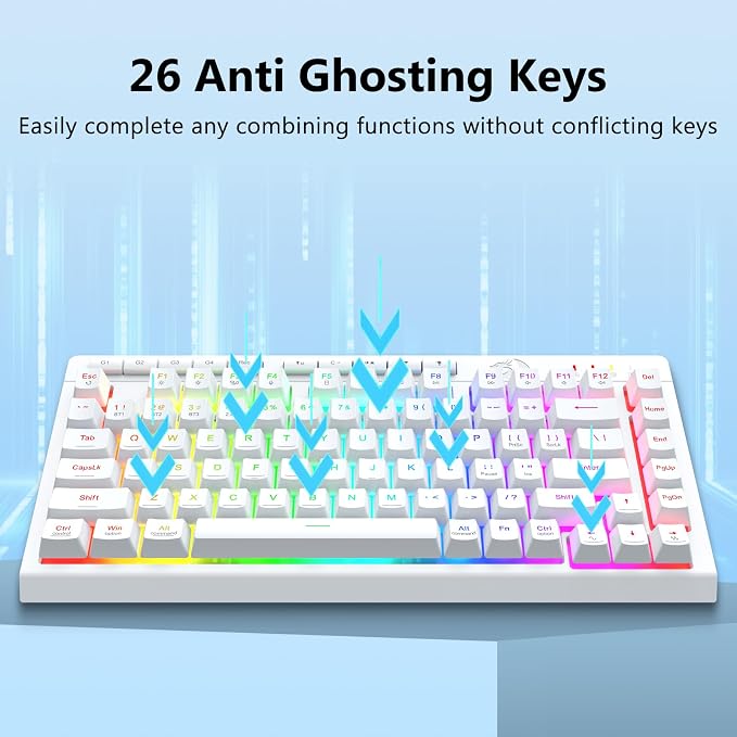 Redragon Wireless Gaming Keyboard, Bluetooth/2.4GHz/USB-C Wired, RGB Backlit, Portable 75% Mini Quiet Macro Membrane Keyboard, Rechargeable 4000mAh Battery, Anti-Ghosting for Win/MAC, White