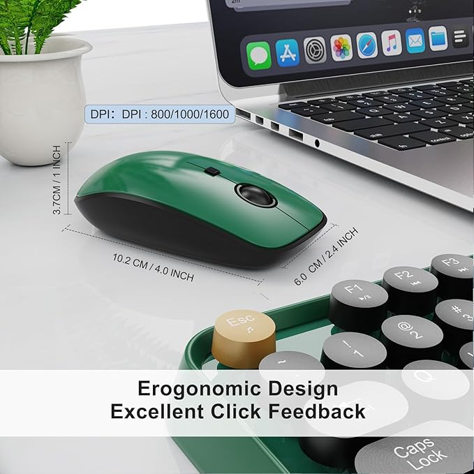 Wireless Keyboard and Mouse Combo Cute Colorful Keyboard and Mouse, Retro Typewriter Keyboard with 2.4GHz Plug & Play, for Windows 11/10/7, Laptop, PC (Dark Green)