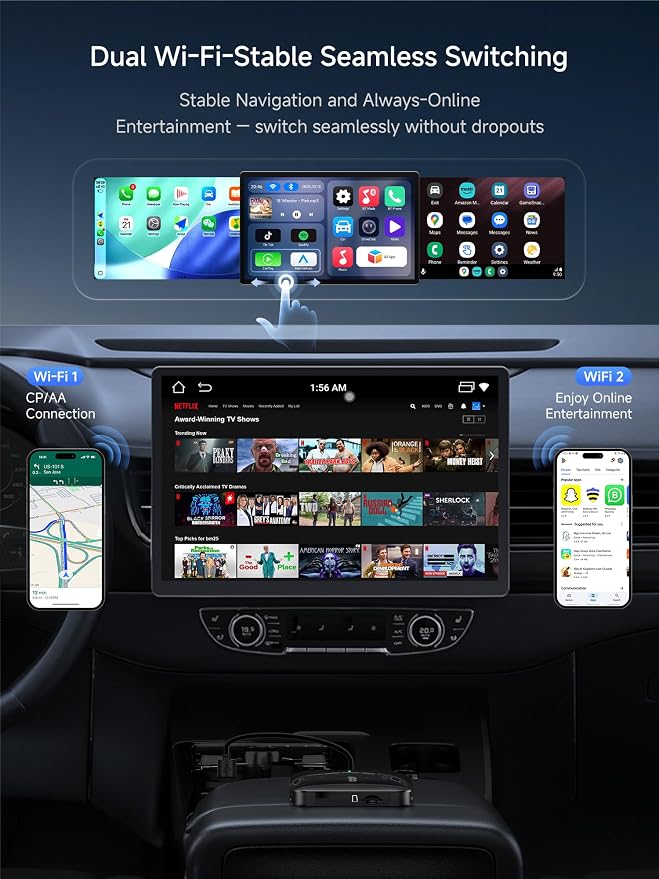 Magic AI Box Wireless CarPlay & Android Auto Adapter, Car Video Box for OEM Wired CP/AA, Dual WiFi & Bluetooth IoT Hub, Supports for Netflix/YouTube/TF Card