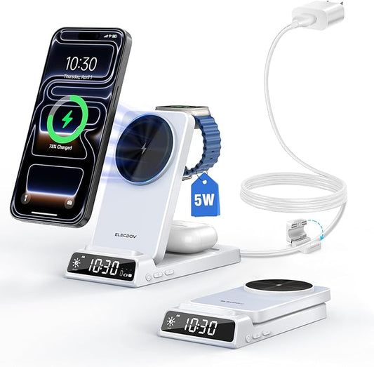 3 in 1 Charging Station for Apple, ELECDOV Magnetic Charger for iPhone, Foldable Wireless Charger with Clock, Travel Watch Charger Stand for iPhone 17/Air/16/15 Series, iWatch 10/AirPods 4 (White)