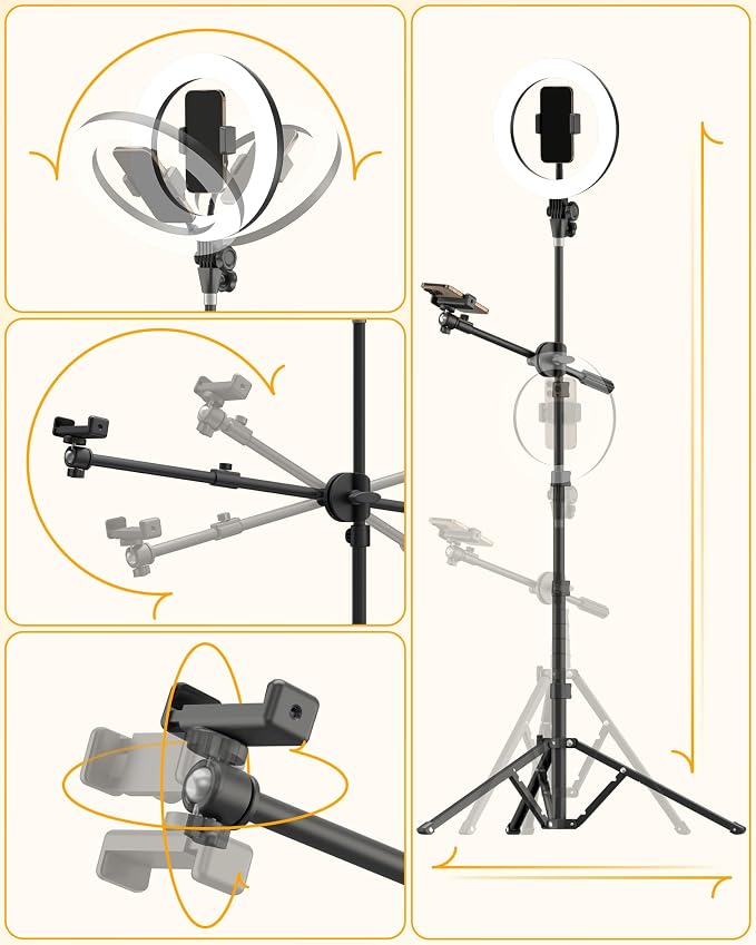 LUXSURE Ring Light with 62'' Tripod Stand for Video Recording, 10.5'' Ring Light Tripod for iPhone with 2 Shooting Positions, Overhead Phone Mount for YouTube, Makeup, Cooking