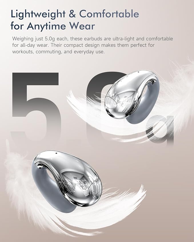 CoolJumper Upgraded Clip-on Ear Earbuds, Bluetooth 6.1 Wireless Open Ear Headphones, Comfortable Fit with Crystal Clear Sound, 50-Hour Battery Life,Two-Way Headphones Earbuds for Gym & Outdoor Sports