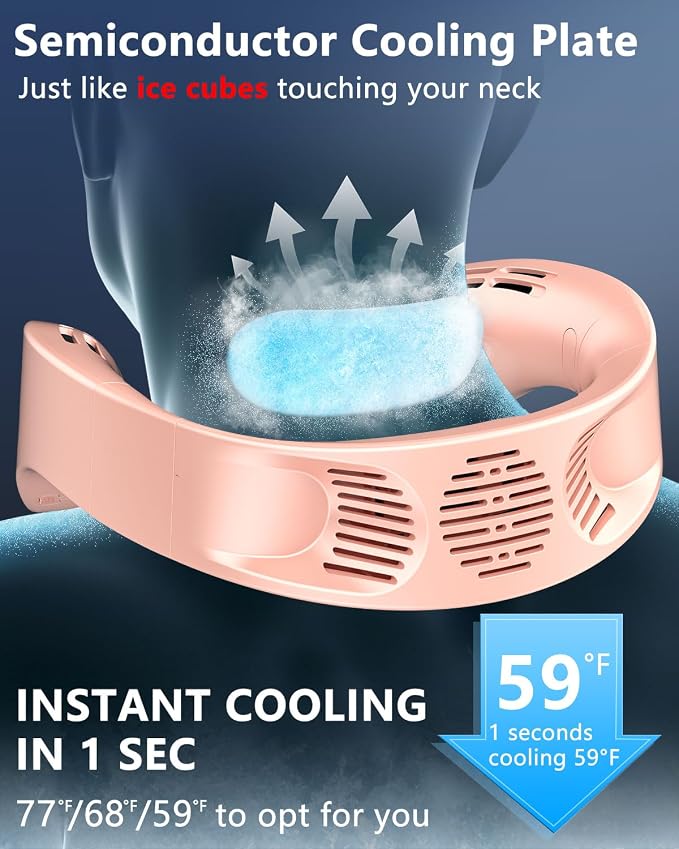 AJGJF Portable Neck Fan,1S Cool Down,5500mAh Rechargeable, 24H Max Runtime, Ultra Quiet, 5 Speeds, 3 Temp Modes, USB-C Fast Charging, LED Battery & Speed Display, Neck Coolers for Hot Weather Pink