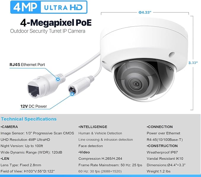 DS-2CD2143G2-I 4MP AcuSense POE IP Dome Camera Outdoor, 2.8mm Wide Angle, 3-Axis, WDR, IP67, IK10, H.265+ with Human and Vehicle Detection, Work with Ⲏіkconnect
