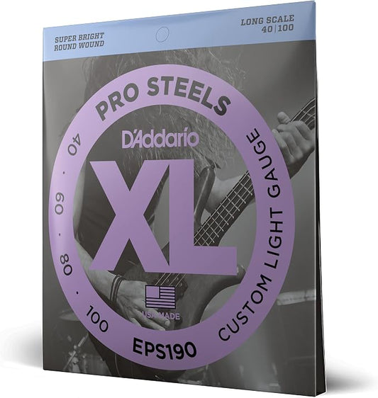D'Addario XL ProSteels Bass Guitar Strings - EPS190 - Long Scale - Custom Light, 40-100