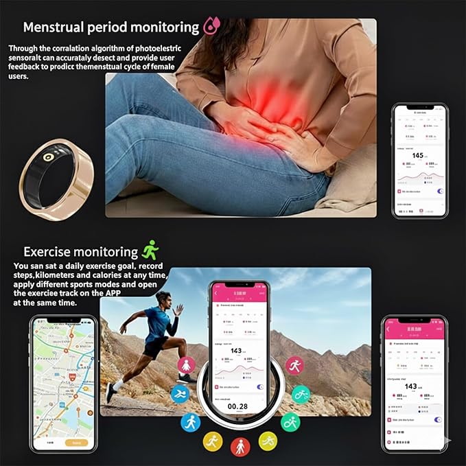 Smart Ring for Women Men, Fitness & Health Tracker with Vital Signs Monitoring, Sleep Tracker, Remote Photography, No Subscription(Gold,12#)