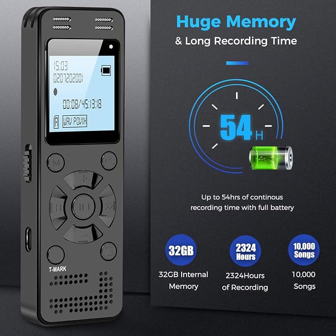 32GB Digital Voice Recorder for Lectures Meetings - EVIDA 2324 Hours Voice Activated Recording Device Audio Recorder with Playback,Password (32, GB)