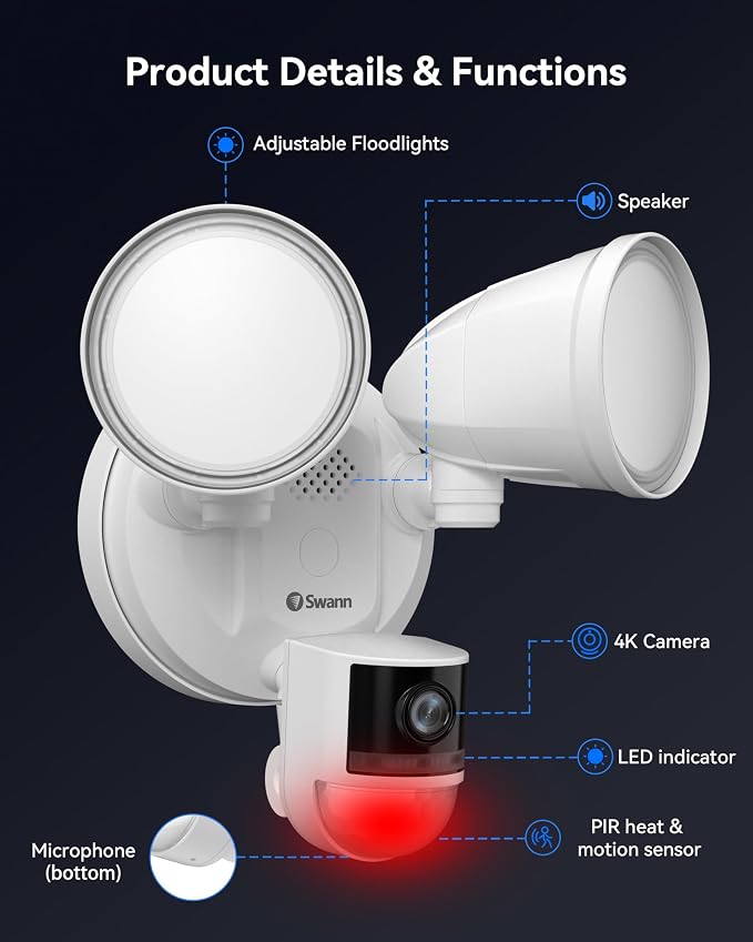 Swann Wi-Fi 4K UHD Security Camera, Surveillance & Security Cameras with Night Vision, Waterproof Motion Activated FloodLight,Wide 115 Degree Viewing, Dimmable 2600 Lumens, Heat Sensing, 2-Way Talk