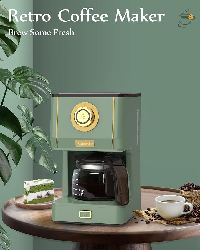 Amaste Drip Coffee Maker, Coffee Machine with 25 Oz Glass Coffee Pot, Retro Style Coffee Maker with Reusable Filter & Three Brewing Modes, Collapsible Silicone Coffee Cup,Warming Plate, Matcha Green