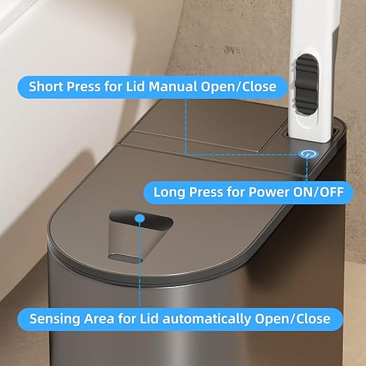 Bathroom Trash Can with Lid - Motion Sensor Smart Garbage Bin with Toilet Brush, 2 Gallon / 7L Small Automatic Trash Can, Odor-Control for Bathroom (Grey with Toilet Brush)