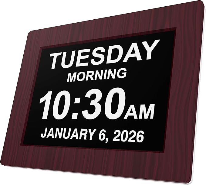American Lifetime 【New 2023】 Dementia Clock Large Digital Clock for Seniors, Digital Clock Large Display with Custom Alarms, Clock with Day & Date for Elderly, Large Number Digital Clock Mahogany