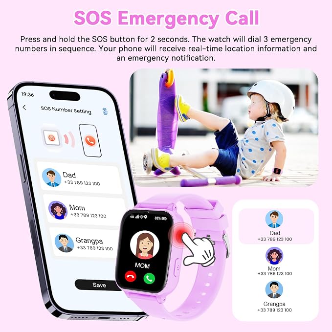 4G Kids Smart Watch Phone GPS, Smartwatch for Boys Girls Ages 4-12 Years with Video Call Chat Class Mode SOS Camera Alarm Games Parental App Touch Watch Gifts for Children (Includes SIM Card) Purple