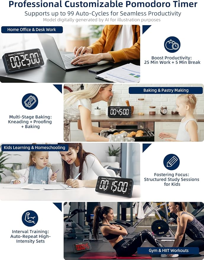 7.8" Digital Kitchen Timer with Large LED Display, Magnetic Rechargeable Countdown Timer, 5 Alarms & 4 Volume Levels, 99H Count Up/Down Timer for Cooking, Classroom & Study