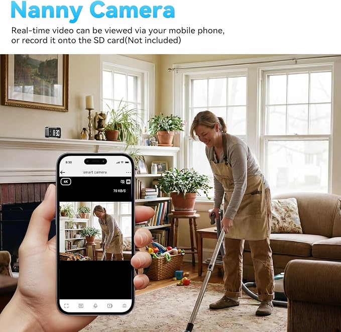 4K FHD Security Mini Camera Alarm Clock, 2.4G&5G WiFi Nanny Cam with Night Vision and Motion Detection Alert, Wide Angle Surveillance Camera for Pet Baby Monitoring, APP Remote Control by Mobile Phone