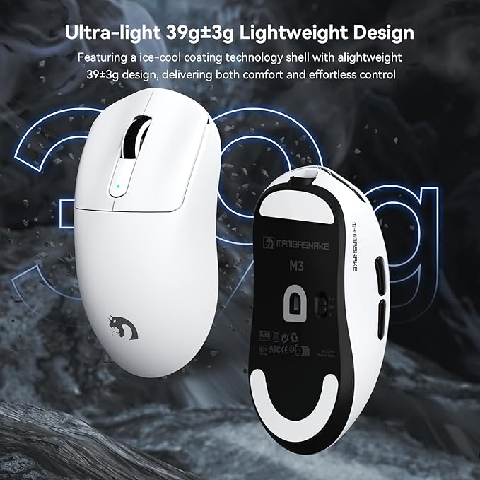 MAMBASNAKE M3 Wireless Gaming Mouse, 40K DPI, 39g Lightweight Gaming Mouse,PAW3395PRO Optical Sensor,Tri-Mode BT5.1/2.4G/USB-C PC Game Mice,Programmable Buttons,300mAh Battery for PC/Laptop/Mac(White)