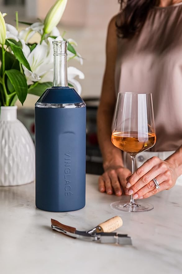 Vinglacé Wine Bottle Chiller- Portable Champagne Insulator- Stainless Steel Wine Cooler Sleeve - Keeps Wine Cold (Navy)