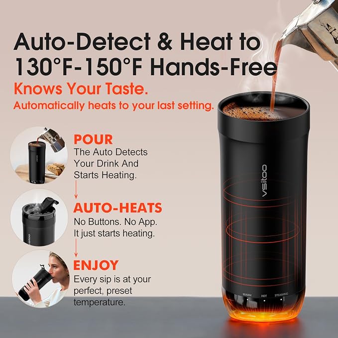 Vsitoo S5 Self Heating Travel Mug 16oz, Rechargeable Coffee Mug with Car Charger Kit, AI Auto-Sensing Temp Control Heated Cup for Home Office Car, App Control, Gift Women Men - Black