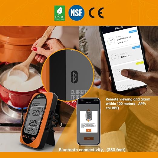 Bluetooth Meat Thermometer Smart Kitchen Thermometers with Timer Mode Temper Mode Digital Instant Read Food ThermometerA Grill Oven Thermometer with 4 Probes for Grill Candy Meat Oven Food Smoker