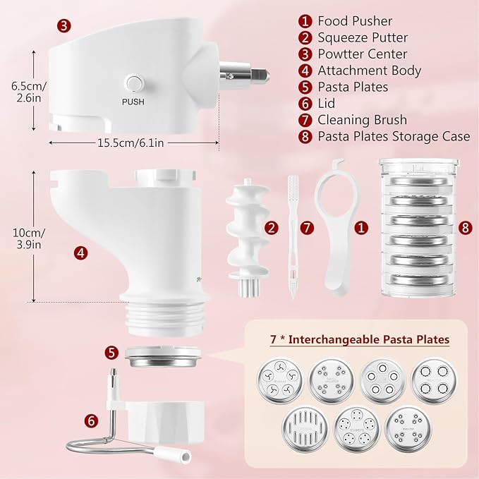 Pasta Maker Attachment for Kitchenaid Stand Mixer, Gourmet Pasta Press Attachment with 7 Interchangeable Plates, Kitchen aid Pasta Extruder Attachment for Homemade Spaghetti & Macaroni