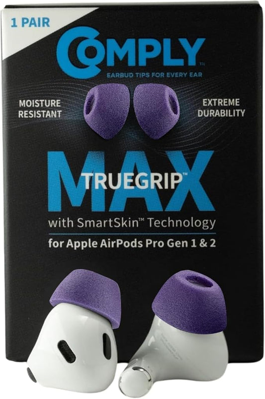 Comply TrueGrip MAX | Premium Memory Foam Replacement Earbud Tips for Apple AirPods Pro 1 & 2 | Long Lasting Comfort, MAX Durability, Secure Fit, Superior Noise Isolation| Purple (Small) (1 Pair)