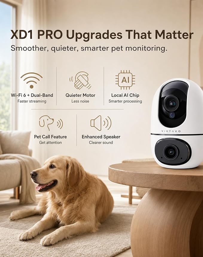 VIRTAVO Pet Camera Indoor for Dogs & Cats, 360° PTZ Pet Monitor with Motion Tracking, Dual‑Lens, 2‑Way Audio, Night Vision, No Subscription, Wi‑Fi 6 (2.4GHz/5GHz), SD & Cloud Storage