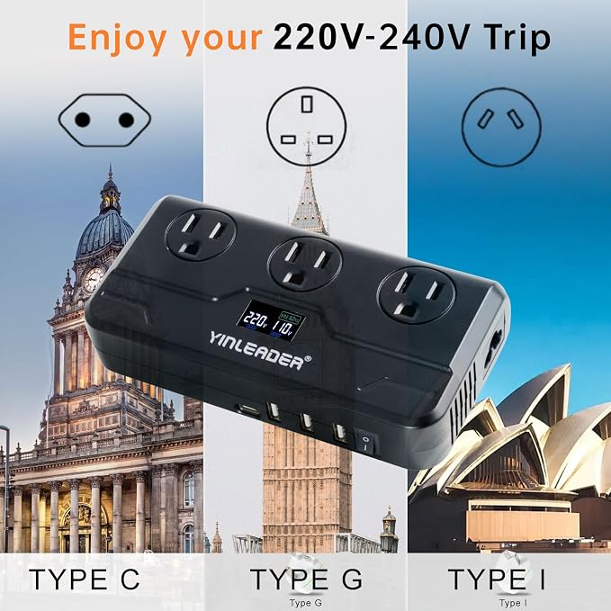 Yinleader 220V to 110V Voltage Converter US to Europe Travel Adapter for Hair Straightener/Curling Iron Step Down Transformer with USB-C (20W PD) Charging and UK/AU/EU Worldwide Plug Adapter (Black)