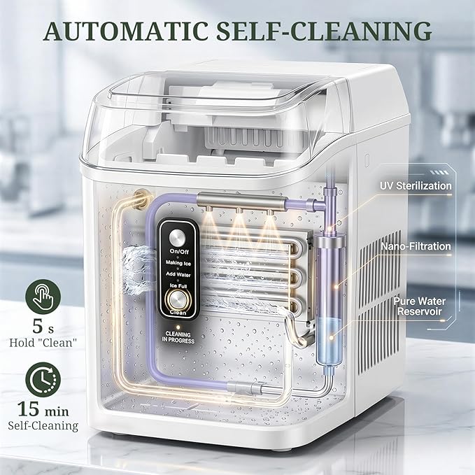 Nugget Ice Maker Countertop, 6-Min Fast Chewable Pellet Ice, 24lbs/24H Portable Ice Machine with Self-Cleaning, Ice Full & Low Water Indicator, Basket & Scoop for Home, Party, RV, Camping (White)
