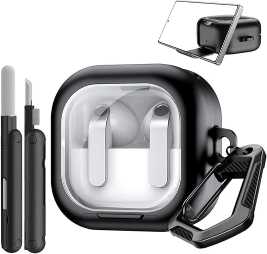 TiMOVO Clear Case for Galaxy Buds 4 & Galaxy Buds 4 Pro (2026) with Secure Lock, TPU Hard Shell Transparent Cover for Samsung Buds 4 Pro with Phone Stand Function, Cleaning Kit & Keychain, Black