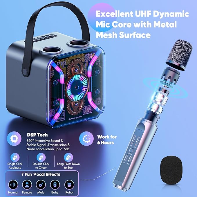 Karaoke Machine for Adults with Two Wireless Microphones, Bluetooth Speaker, LED Light Show, 360-Degree Stable Bass Mic, Silver