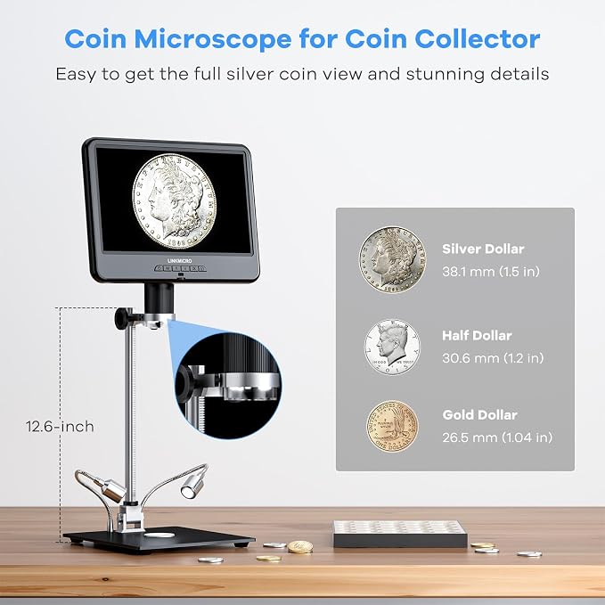 LM210 10.1'' LCD Coin Digital Microscope Full View for Error Coins, Soldering Microscope Camera for Electronics Repair, 260X Adults Coin Magnifier with Lights, 12.6'' Stand, 32G