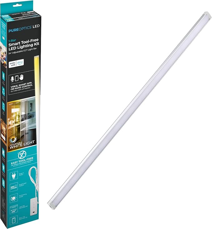 PureOptics LED Works with Alexa Smart Under Cabinet Lighting, Adjustable LEDs, 24" Bar, White