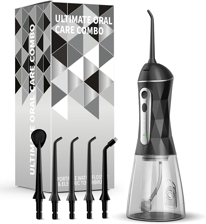 Electric Water Dental Flosser - Cordless Portable Teeth Cleaner, Rechargeable 320ML Larger Water Tank Oral Irrigator, 4 Modes with 5 Jet Tips and Travel Bag, IPX7 Waterproof (Black)