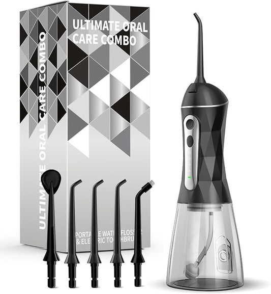Electric Water Dental Flosser - Cordless Portable Teeth Cleaner, Rechargeable 320ML Larger Water Tank Oral Irrigator, 4 Modes with 5 Jet Tips and Travel Bag, IPX7 Waterproof (Black)