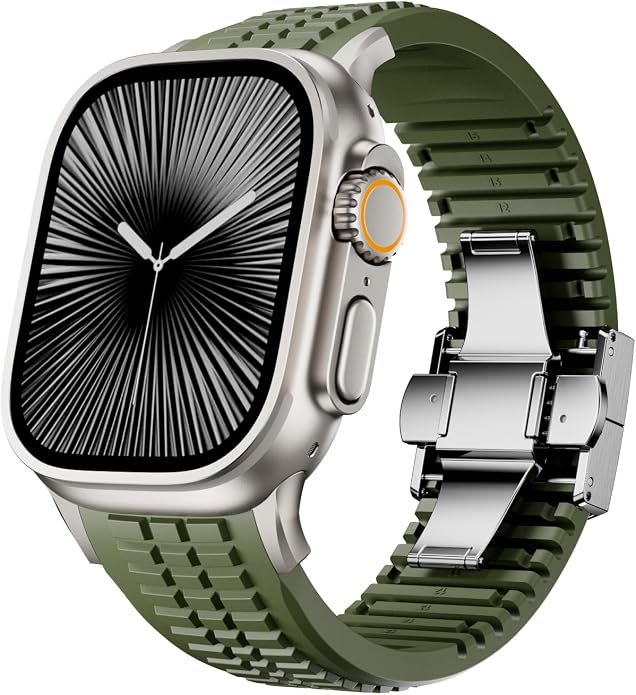 Silicone Watch Band Compatible with iWatch Ultra 2 / Ultra/Series 10 9 8 7 (44mm 45mm 46mm 49mm), Sport bands with Folding buckle, Rugged Heavy Duty Modern Design for Men
