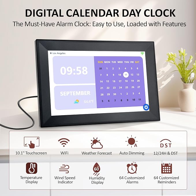 WiFi 10.1 Inch Digital Alarm Clock for Seniors, Large Display with Day/Date Smart Touchscreen Electronic Calendar 64 Alarms 64 Reminders Dementia Alarm Clock for Elderly（Black）