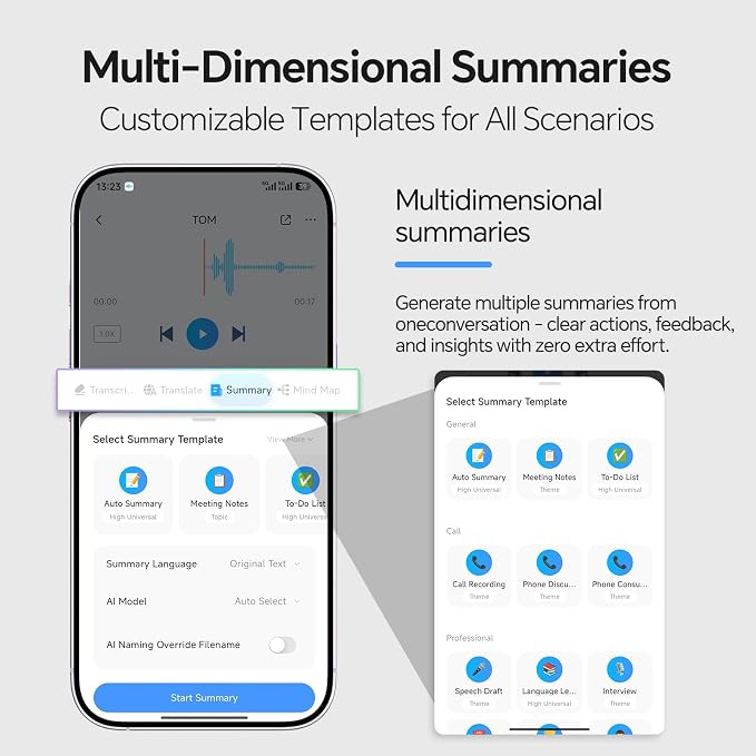 AI Voice Recorder, NoteCard Voice Recorder with case, App Control, Real Time Transcribe & Summarize with AI Technology, Multi-Language, Long Battery Life Meetings/Class/Lectures (Silver)