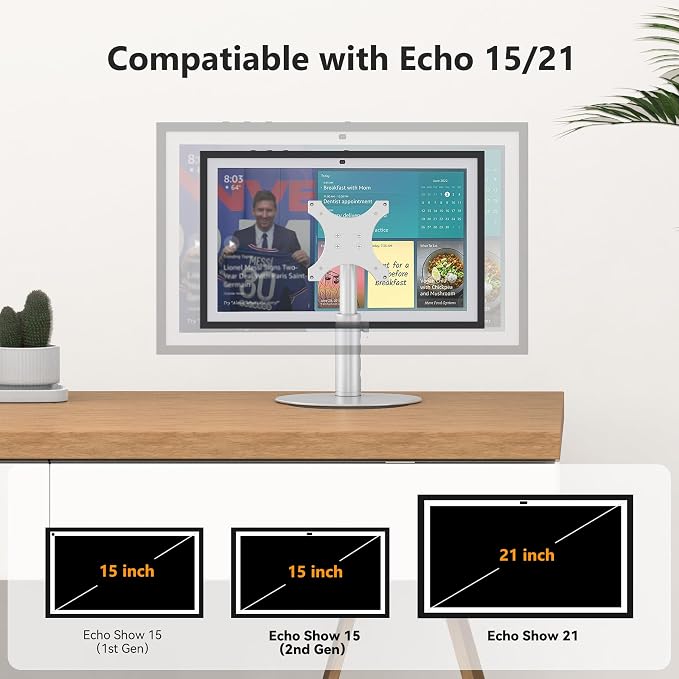 Laivli Rotating Stand for Echo Show 15 (Gen 1, Gen 2) and Show 21, Silver Aluminum Mount with Rotating Base, 4-Level Height Adjustable and Tiltable Holder, Easy Installation for Show 21/15 (Rotatable)