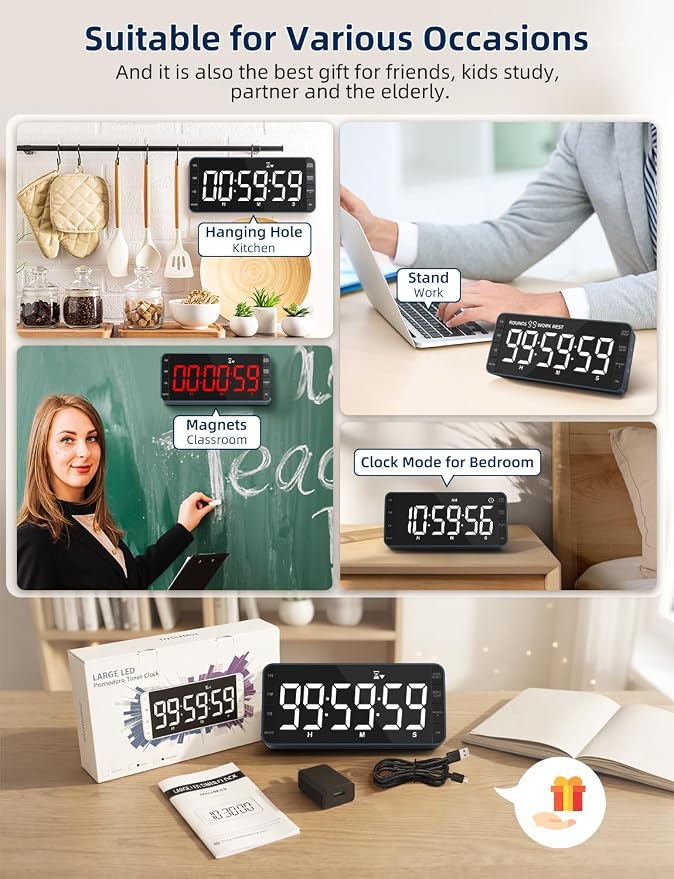7.8" Digital Kitchen Timer with Large LED Display, Magnetic Rechargeable Countdown Timer, 5 Alarms & 4 Volume Levels, 99H Count Up/Down Timer for Cooking, Classroom & Study