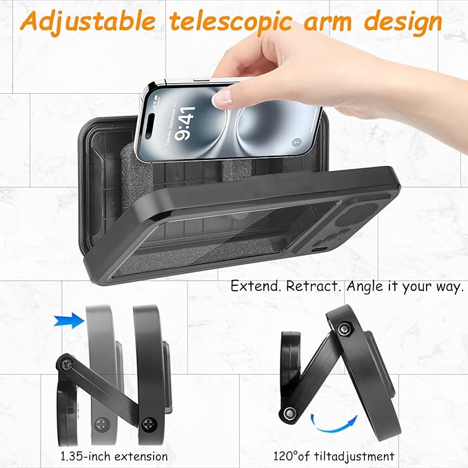Shower Phone Holder with Wireless Bluetooth Speaker , 480° Rotation Retractable Adjustable Shower Case for iphone ,Bathroom Wall Phone Mount Stand WaterProof Anti Fog,Compatible with All 4-7"Cellphone