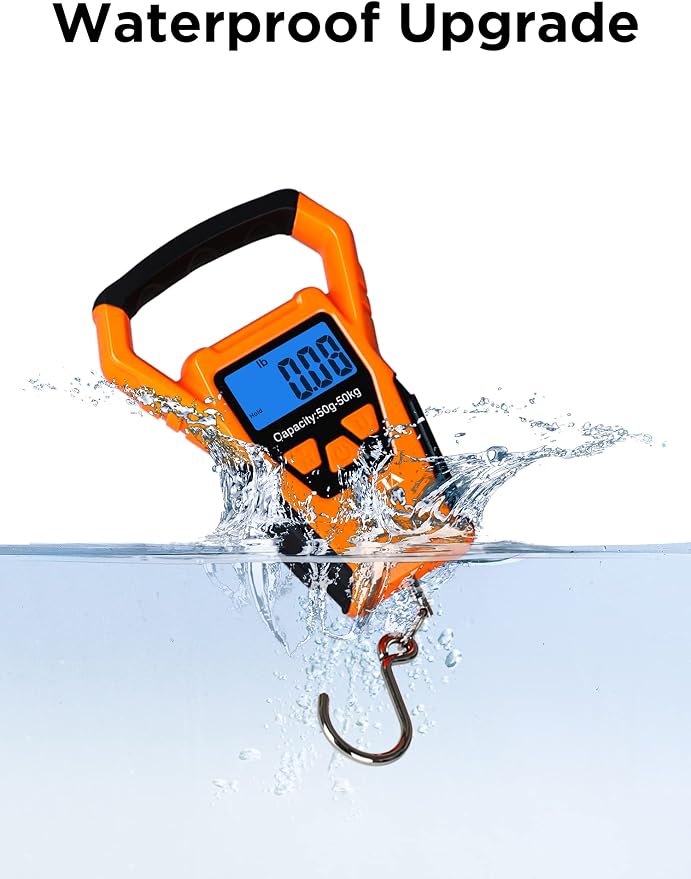 HEETA Waterproof Fish Scale Digital with Backlit LCD Display, 110lb/50kg Portable Hanging Scale Fishing Scale for Home and Outdoor, Measuring Tape and 2 AAA Batteries Included