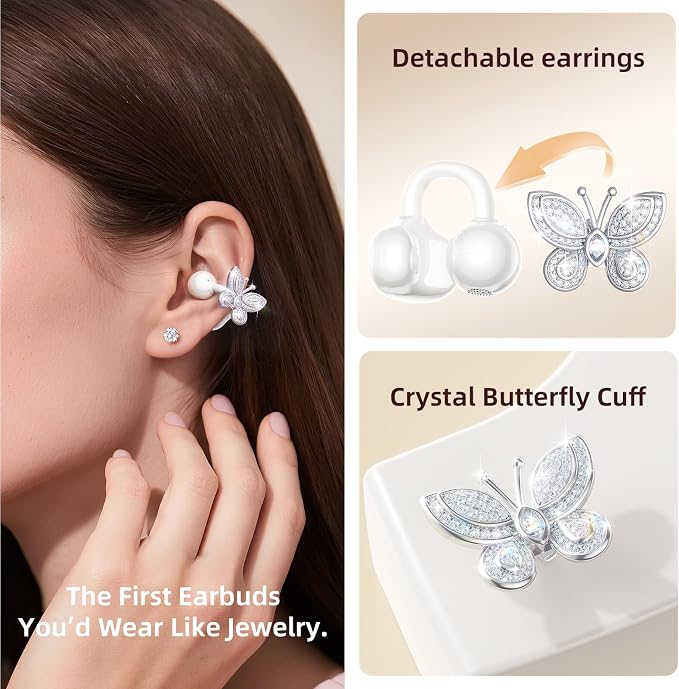 Kinglucky Jewelry-Inspired Clip-On Earbuds with Butterfly Earrings, Comfortable Fit & 40H Playtime Open Ear Bluetooth 5.4 Wireless Headphones for Women, Small Ears, Sports & Workouts (White)