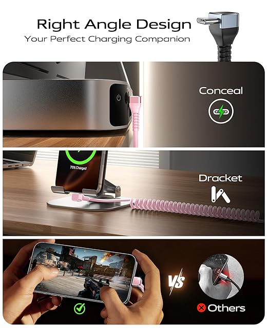 90 Degree Coiled USB C Cable for Car 3FT, 2Pack USB C to USB C Cable 3A Fast Charging, USB C to C Cable for CarPaly/Android Auto,Right Angle Type C Cord for iPhone 17/16/15/Pro Max and More-Pink