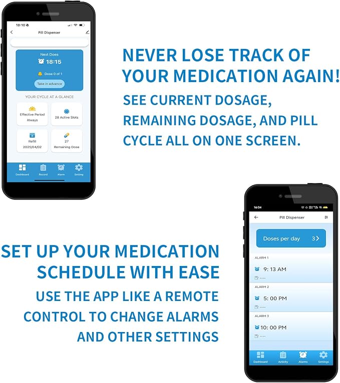 EziMedPil Bluetooth Automatic Pill Dispenser with App Setup for Caregivers | App Adherence History Tracking for Seniors, Locked 28-Day Organizer with Sound-Light Reminders, 9 Daily Alarms & LCD Display