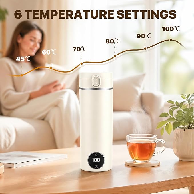 Portable Travel Tea Kettle,6 Preset Temp Plug-in Keep Warm,15 OZ 304 Stainless Steel,Electric Small Hot Water Boiler,Auto Shutoff&Boil Dry Protection,Mini Kettle for Coffee,Tea,Hotel RV Travel,Beige