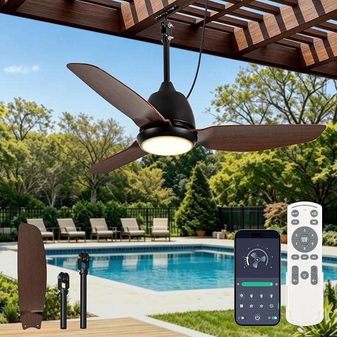 VOLISUN Outdoor Ceiling Fans with Light for Patios, 42in Weatherproof Plug in Ceiling Fan, 3CCT Dimmable Gazebo Ceiling Fan Remote&APP Control, Brown Caged Ceiling Fan for Porch, Pergola,Canopy