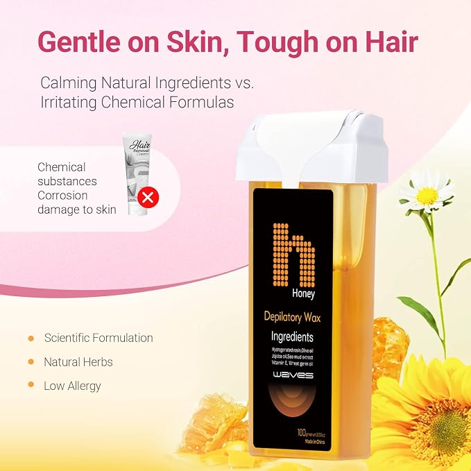 Roll-On Wax Kit for Hair Removal, Roll on Waxing Kit for Women, At-Home Wax Warmer Kit with Hard Wax Refill, Honey Formula Gentle on Skin, Portable Gift for Body Legs Arms-Honey