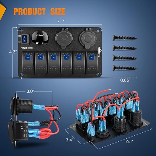 Nilight 6 Gang Rocker Switch Panel Waterproof Pre-Wired Aluminum Power Control Marine Panels with PD Type C and USB Cigarette Lighter Socket Voltmeter 12V 24V ON Off Switches for Car Trucks Boats RVs