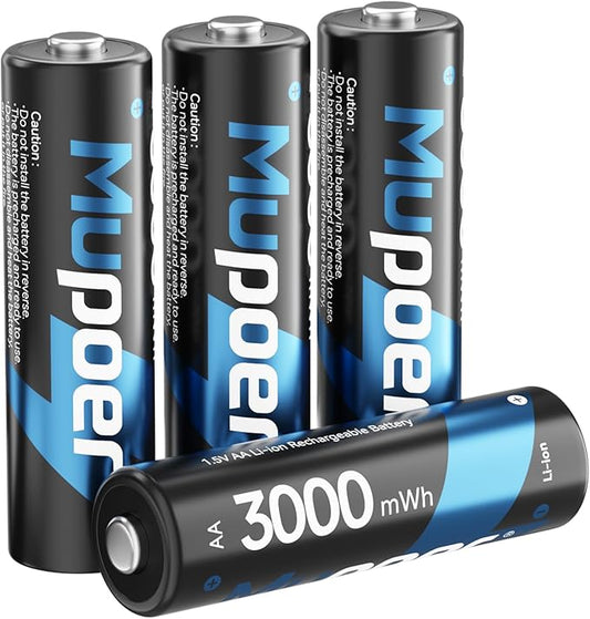 Rechargeable AA Batteries 4 Count,Lithium Battery A 1.5V 3000mWh,Double A Rechargeable Battery,Pilas Recargables AA,Li ion Two A Batteries for Blink Xbox Long Lasting Blue